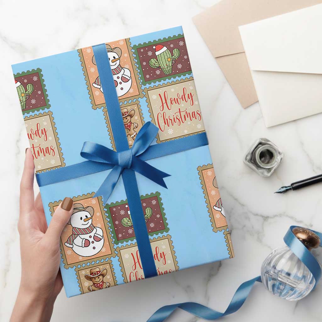 Howdy Christmas Postage Stamp Wrapping Paper Roll Western Life Holiday Gift TS12 Light Blue Print Your Wear