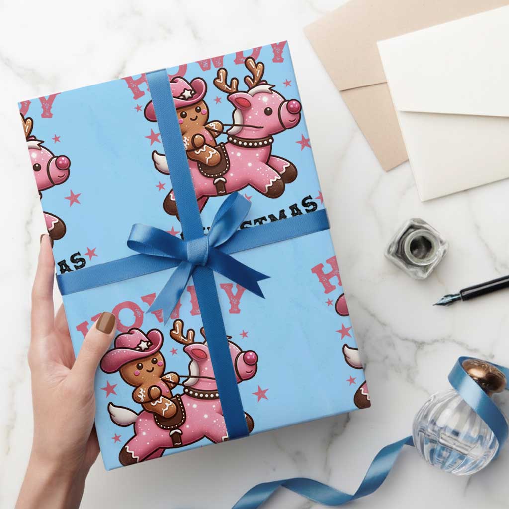 Howdy Christmas Wrapping Paper Roll Funny Gingerbread Cowboy Riding Reindeer Gift For Girl TS12 Light Blue Print Your Wear
