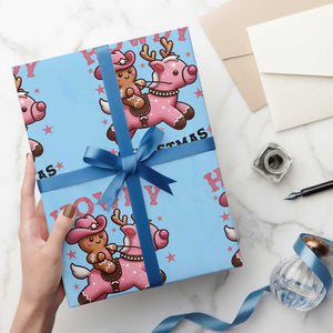 Howdy Christmas Wrapping Paper Roll Funny Gingerbread Cowboy Riding Reindeer Gift For Girl TS12 Light Blue Print Your Wear