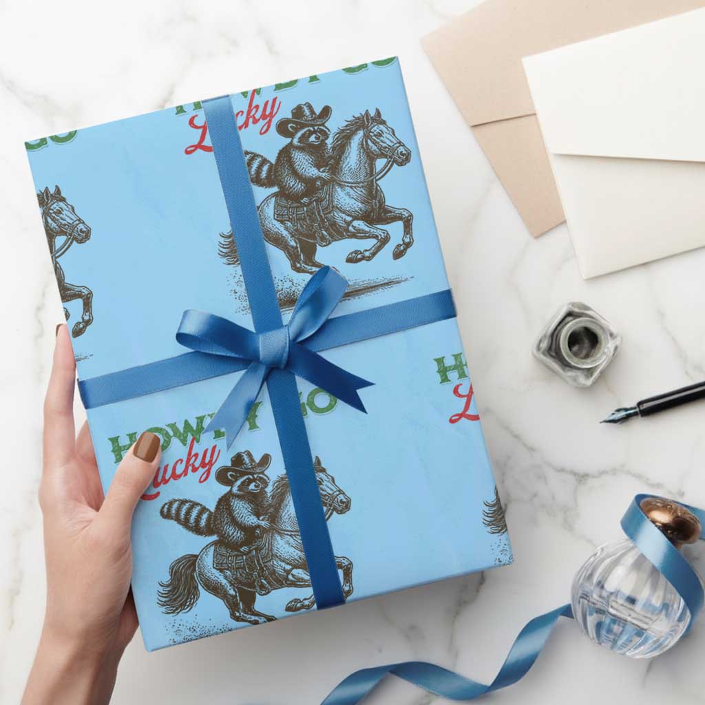 Howdy Go Lucky Wrapping Paper Roll Cowboy Raccoon St Patrick's Day TS14 Light Blue Print Your Wear