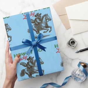 Howdy Go Lucky Wrapping Paper Roll Cowboy Raccoon St Patrick's Day TS14 Light Blue Print Your Wear