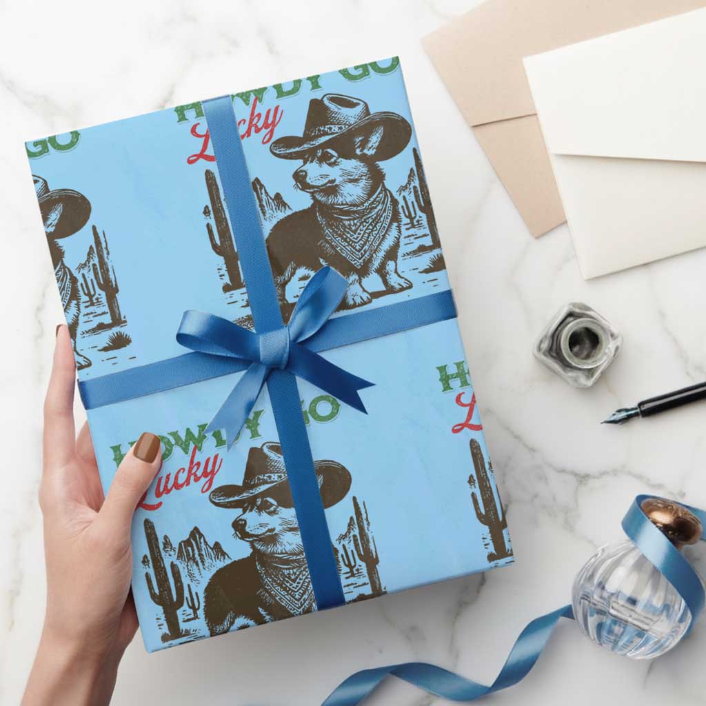 Howdy Go Lucky Wrapping Paper Roll Funny Corgi St Patrick's Day TS14 Light Blue Print Your Wear