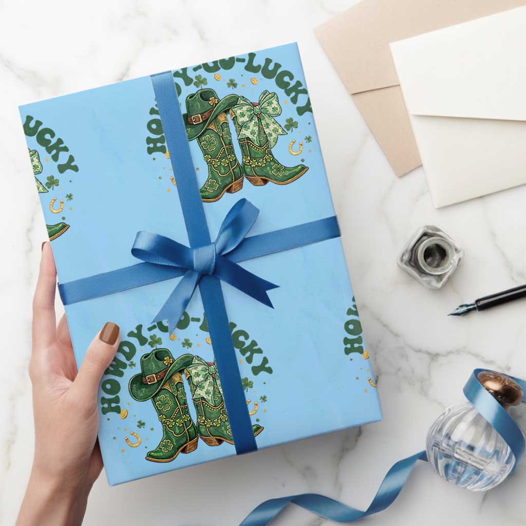 Howdy Go Lucky Wrapping Paper Roll Green Cowboy Boots St Patrick's Day TS14 Light Blue Print Your Wear