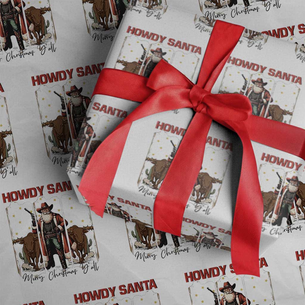 Howdy Santa Merry Christmas Y'all Wrapping Paper Roll Funny Western Bull Riding TS12 White Print Your Wear