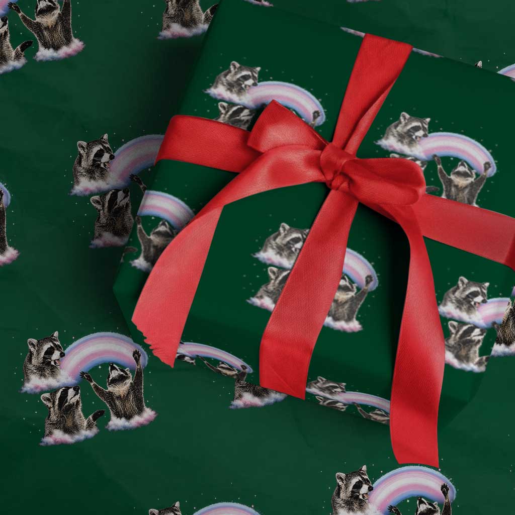 Howling Raccoon LGBTQ Pride Wrapping Paper Roll Rainbow Trash Panda Support TS12 Green Print Your Wear