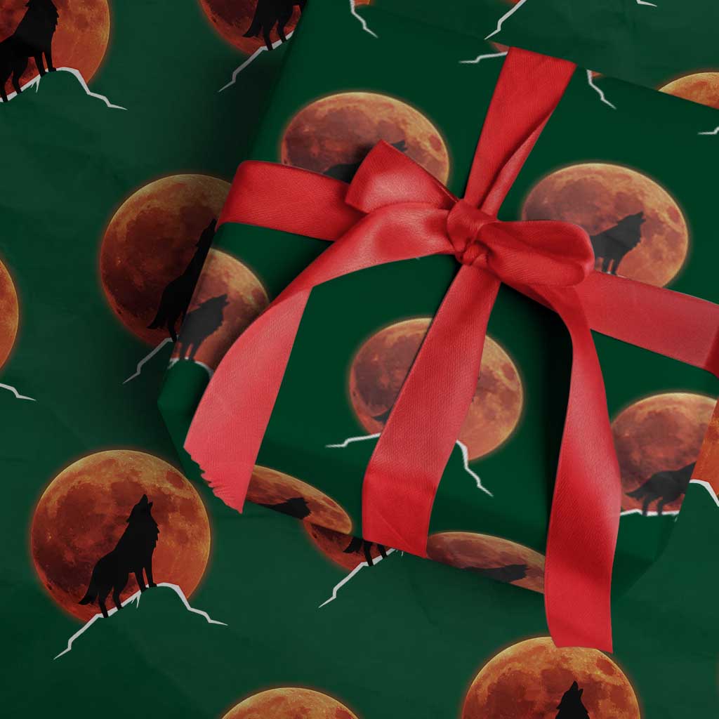 Howling Wolf Crimson Blood Moon Wrapping Paper Roll Mountain Wildlife Nature Graphic TS02 Green Print Your Wear