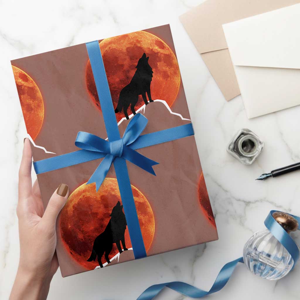 Howling Wolf Crimson Blood Moon Wrapping Paper Roll Mountain Wildlife Nature Graphic TS02 Mocha Print Your Wear