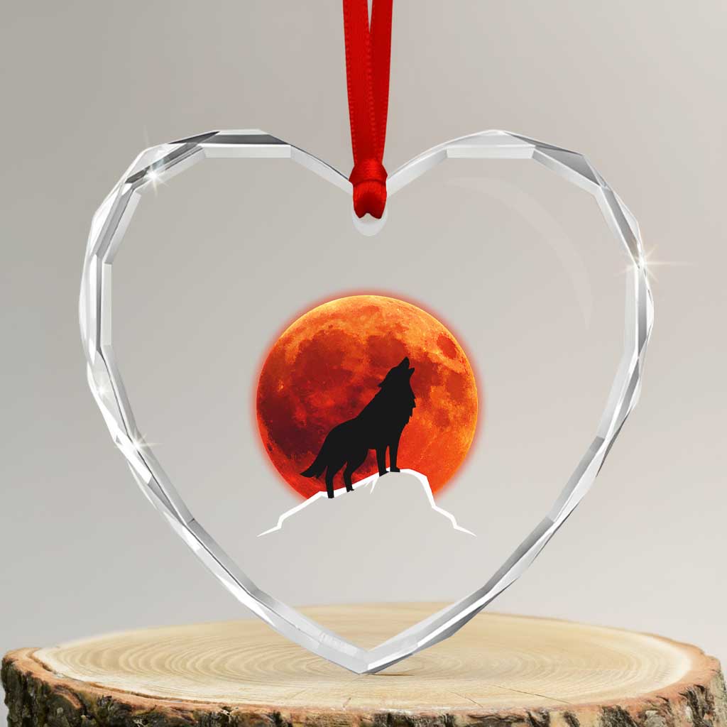 Howling Wolf Crimson Blood Moon Heart Crystal Glass Ornament Mountain Wildlife Nature Graphic TS02 Transparent Glass 3'' Heart Print Your Wear