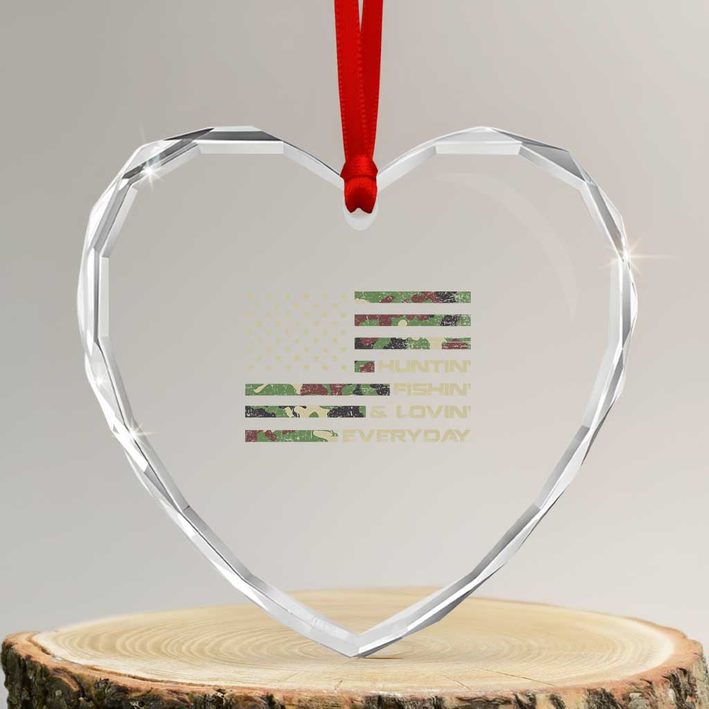 Hunting Fishing Loving Heart Crystal Glass Ornament Hunter Fisher Camo American Flag