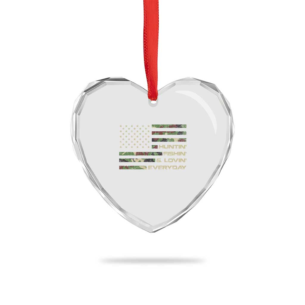 Hunting Fishing Loving Heart Crystal Glass Ornament Hunter Fisher Camo American Flag