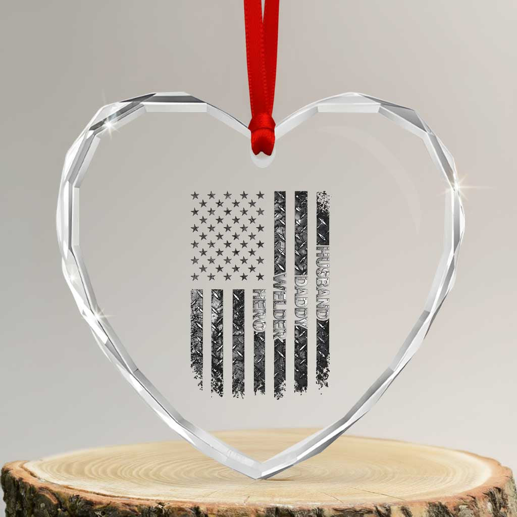 Husband Daddy Welder Hero Heart Crystal Glass Ornament Patriotic Welding American Flag Graphic TS12 Transparent Glass 3'' Heart Print Your Wear