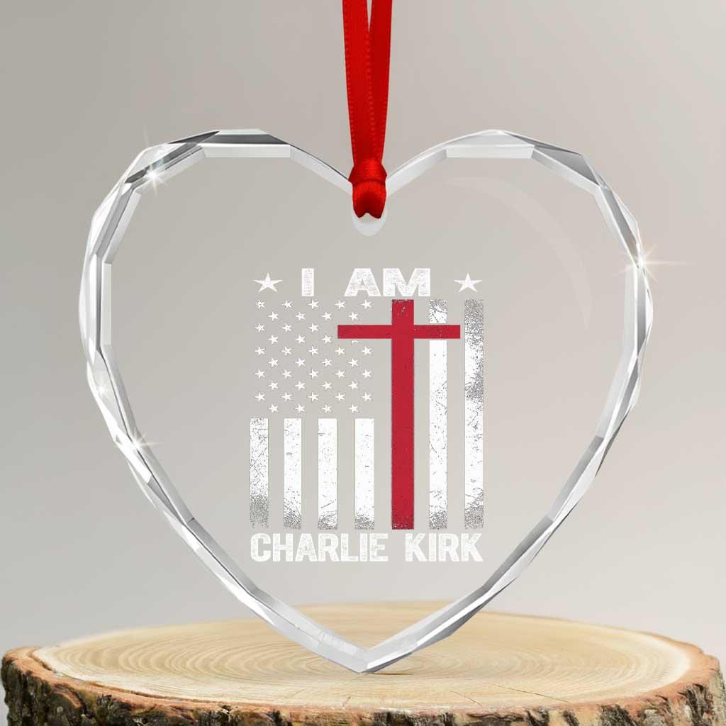 I Am Charlie Kirk Heart Crystal Glass Ornament Christian Cross Faith American Flag TS02 Transparent Glass 3'' Heart Print Your Wear