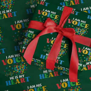 I Am His Voice He Is My Heart Wrapping Paper Roll Autism Awareness Puzzle Piece TS11 Green Print Your Wear