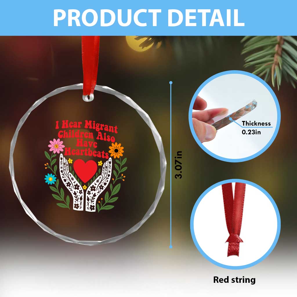 I Hear Migrant Children Also Have Heartbeats Crystal Glass Ornament Groovy Retro Floral Hands Heart Social Justice