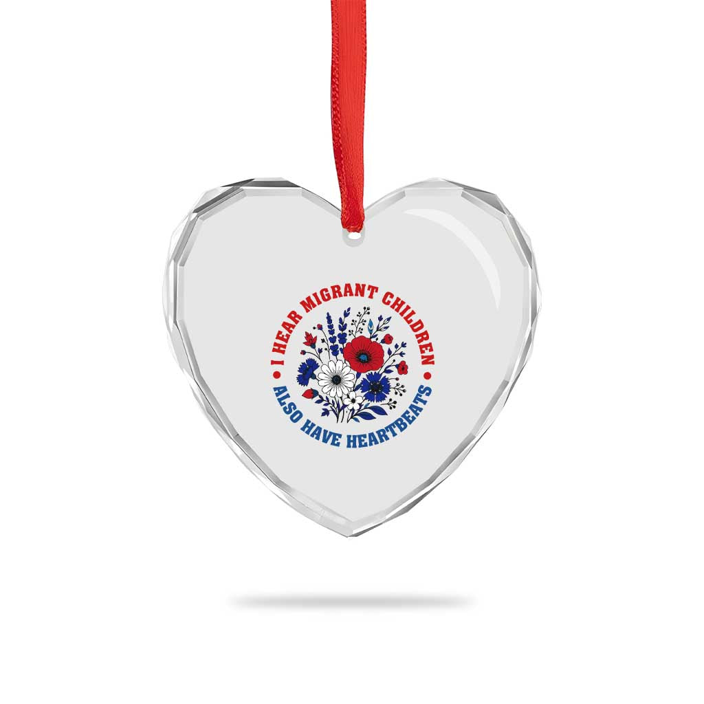 I Hear Migrant Children Also Have Heartbeats Heart Crystal Glass Ornament Patriotic Red White Blue Floral Human Rights