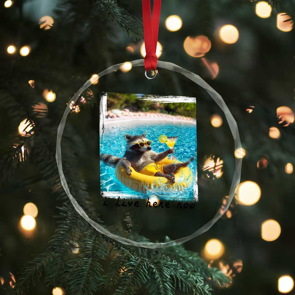 I Live Here Now Raccoon Crystal Glass Ornament Funny Summer Vacation Meme TS14 Print Your Wear