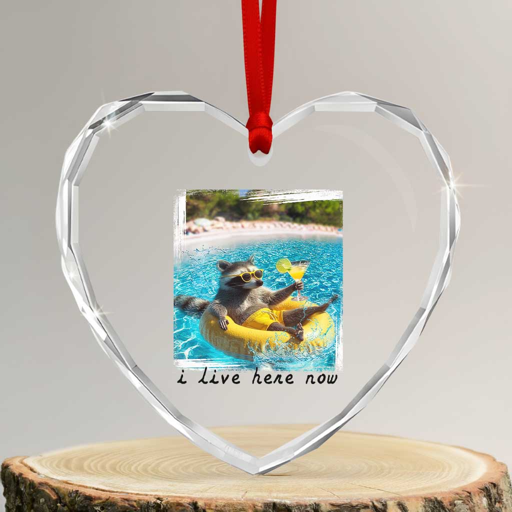 I Live Here Now Raccoon Heart Crystal Glass Ornament Funny Summer Vacation Meme TS14 Transparent Glass 3'' Heart Print Your Wear