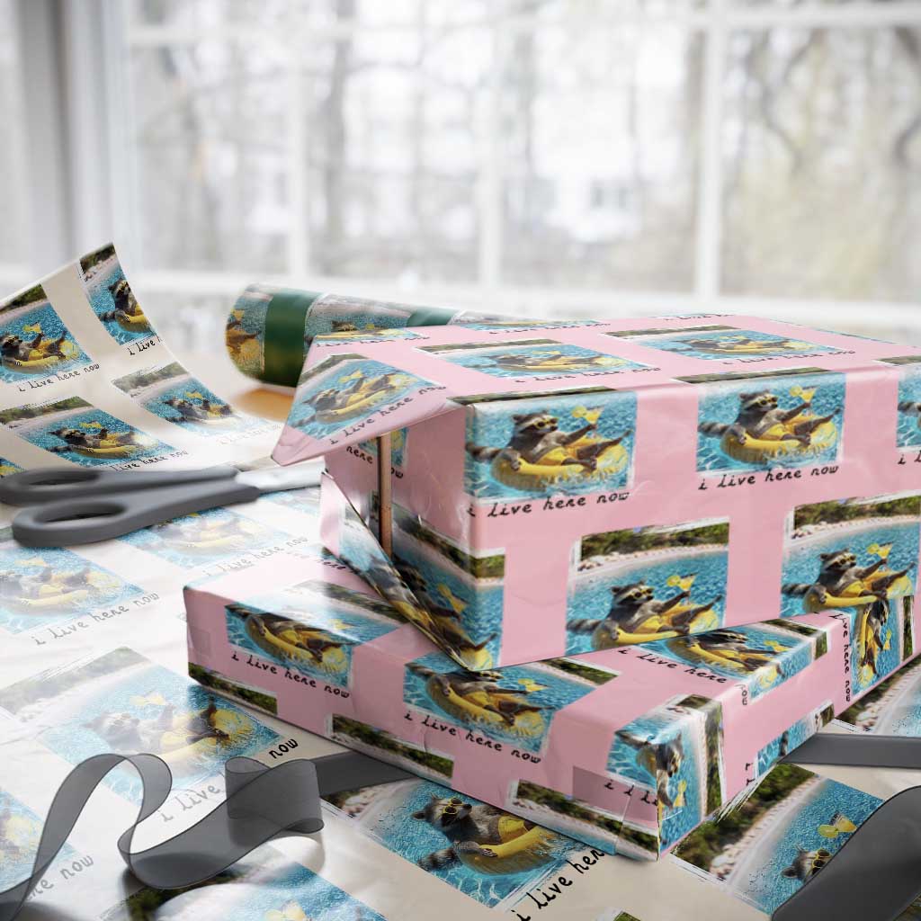 I Live Here Now Raccoon Wrapping Paper Roll Funny Summer Vacation Meme TS14 Light Pink Print Your Wear
