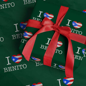 I Love Benito Puerto Rico Flag Heart Wrapping Paper Roll Boricua Music Fan Game Day Everyday TS02 Green Print Your Wear