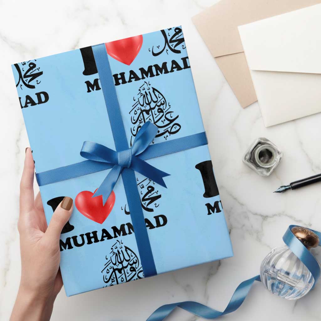 I Love Muhammad Wrapping Paper Roll Musliam Identity Faith Peace Pride Islamic Calligraphy TS02 Light Blue Print Your Wear
