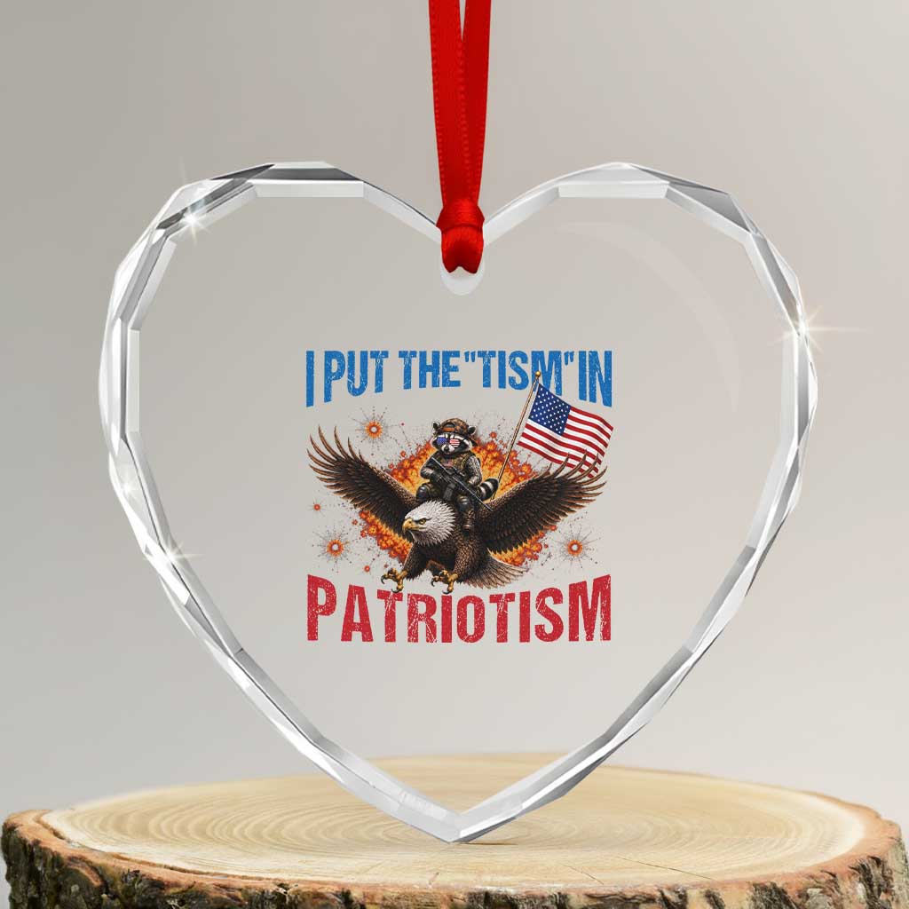 I Put The Tism In Patriotism Heart Crystal Glass Ornament Raccoon Bald Eagle 4th of July USA
