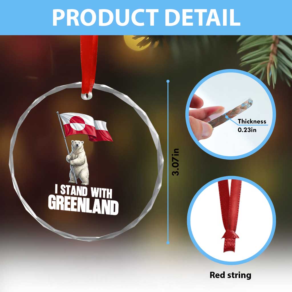 I Stand With Greenland Crystal Glass Ornament Cute Polar Bear Holding Flag Political Support TS02 Print Your Wear