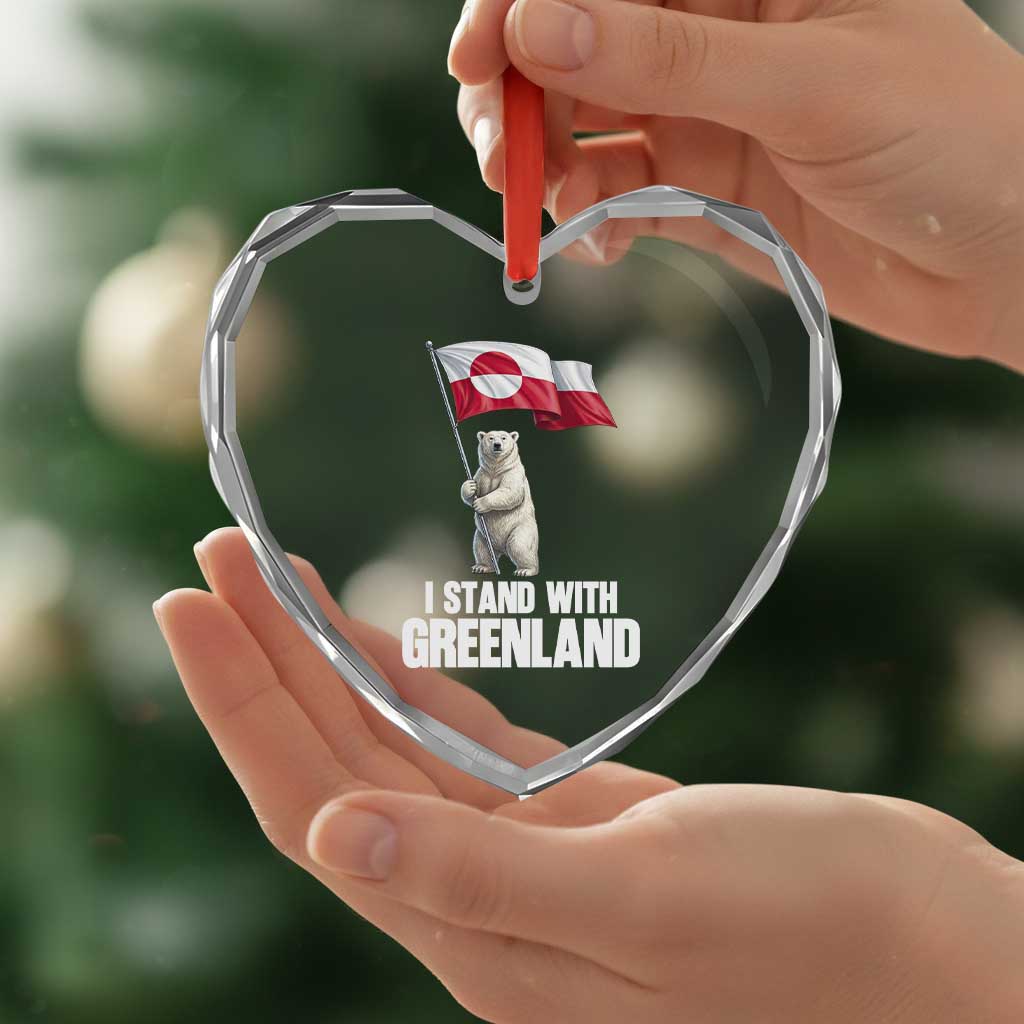 I Stand With Greenland Heart Crystal Glass Ornament Cute Polar Bear Holding Flag Political Support TS02 Print Your Wear