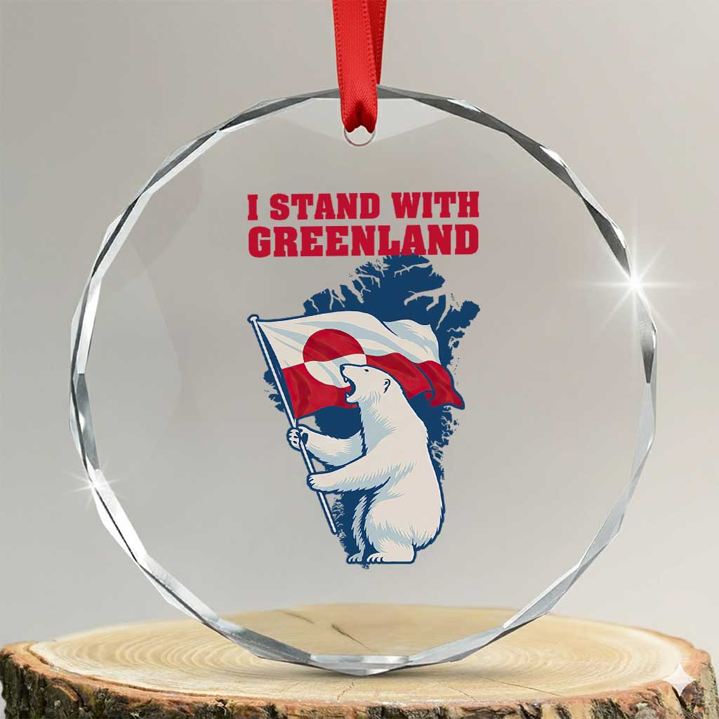 I Stand With Greenland Patriotic Crystal Glass Ornament Polar Bear Holding Flag Over Map TS02 Transparent Glass 3'' Circle Print Your Wear