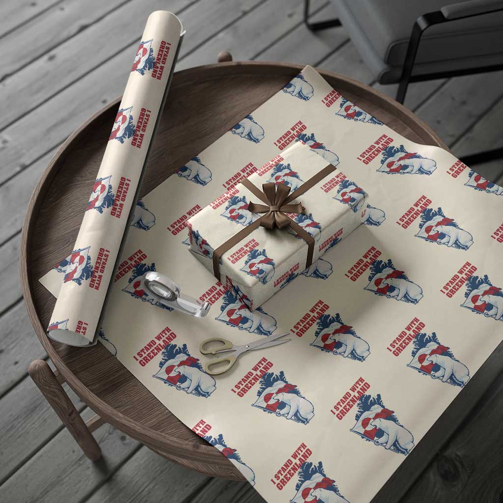 I Stand With Greenland Patriotic Wrapping Paper Roll Polar Bear Holding Flag Over Map TS02 Beige Print Your Wear