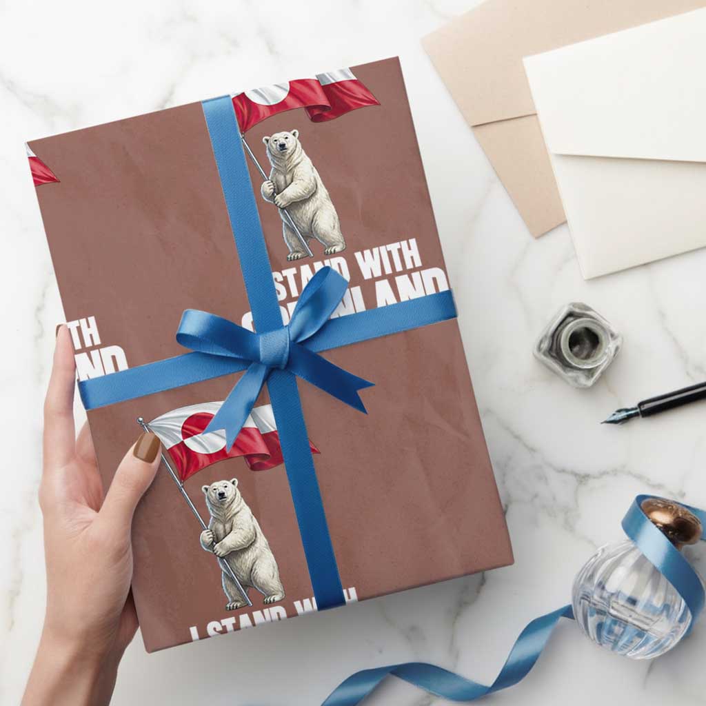 I Stand With Greenland Wrapping Paper Roll Cute Polar Bear Holding Flag Political Support TS02 Mocha Print Your Wear