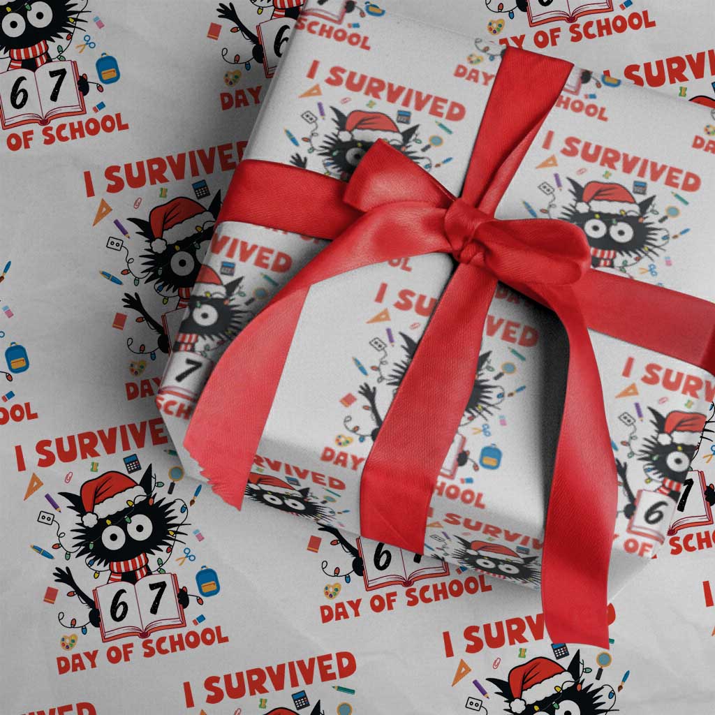 I Survived 67 Days Of School Cat Meme Wrapping Paper Roll Funny Christmas Six Seven Meme TS14 White Print Your Wear