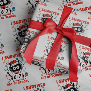 I Survived 67 Days Of School Cat Meme Wrapping Paper Roll Funny Christmas Six Seven Meme TS14 White Print Your Wear