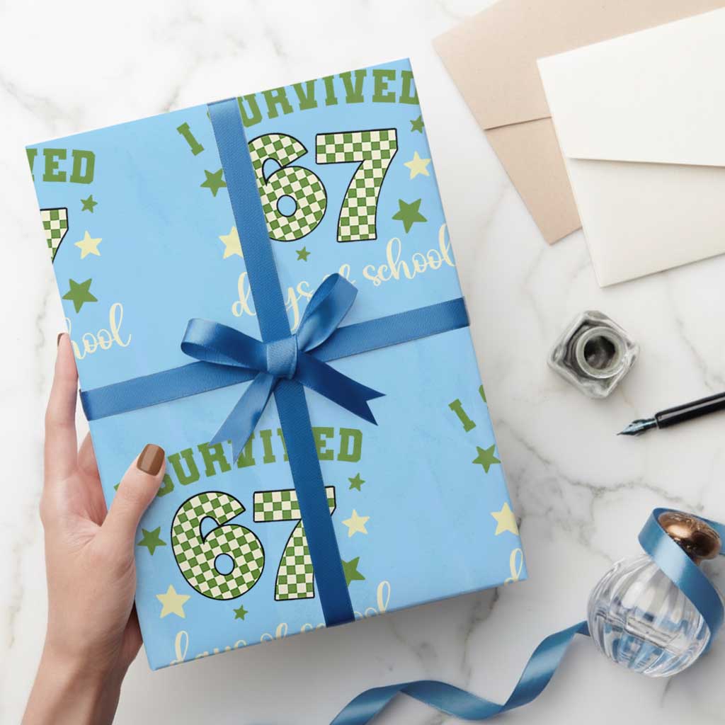 I Survived 67 Days of School Wrapping Paper Roll Funny Six Seven Meme Students Teacher Celebration TS02 Light Blue Print Your Wear
