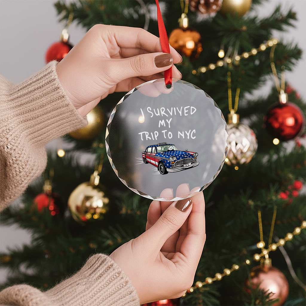 I Survived My Trip to NYC Crystal Glass Ornament Funny New York City USA Flag Taxi Meme