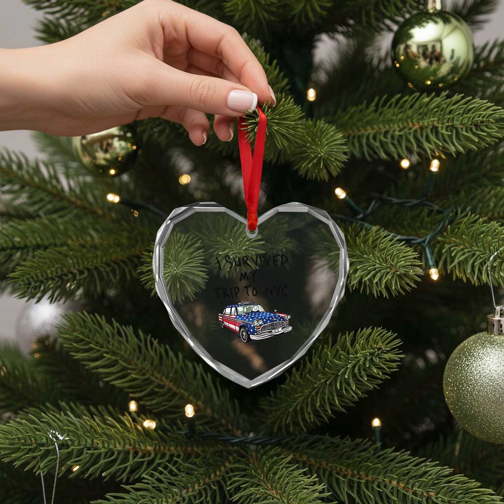 I Survived My Trip to NYC Heart Crystal Glass Ornament Funny New York City USA Flag Taxi Meme Gift
