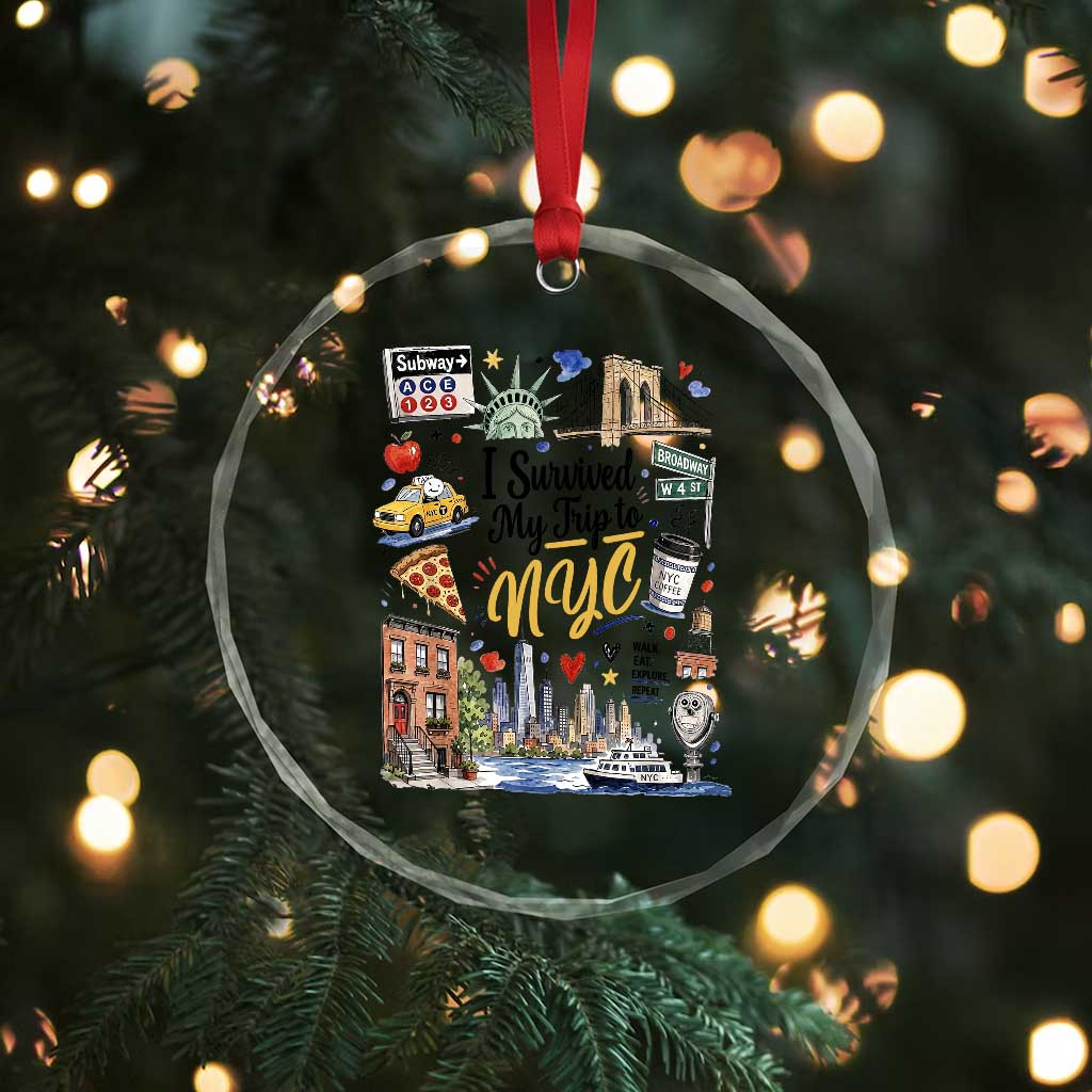 I Survived My Trip To NYC Iconic Symbols Graphic Crystal Glass Ornament Funny New York City Travel Humor Vacation Souvernir