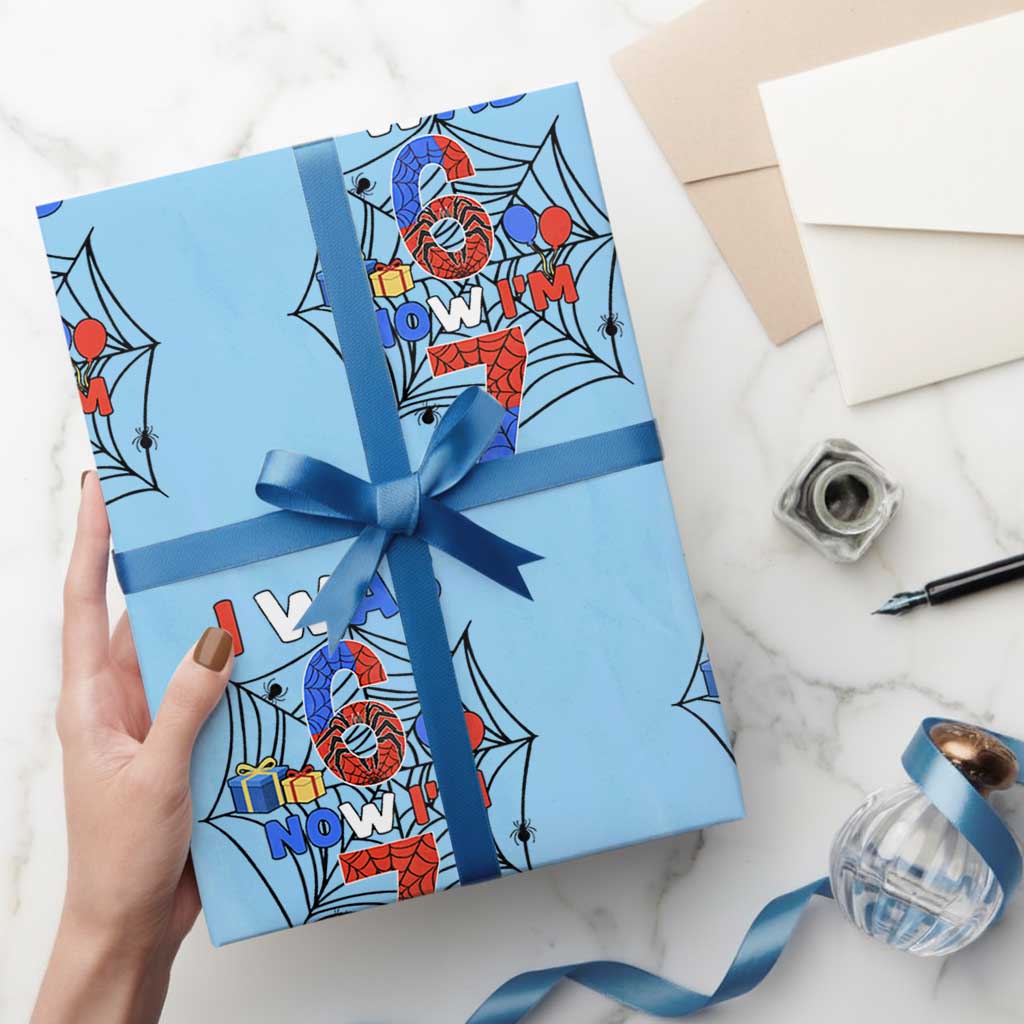 I Was 6 Now I Am 7 Wrapping Paper Roll Spider Themed Birthday Boy TS12 Light Blue Print Your Wear