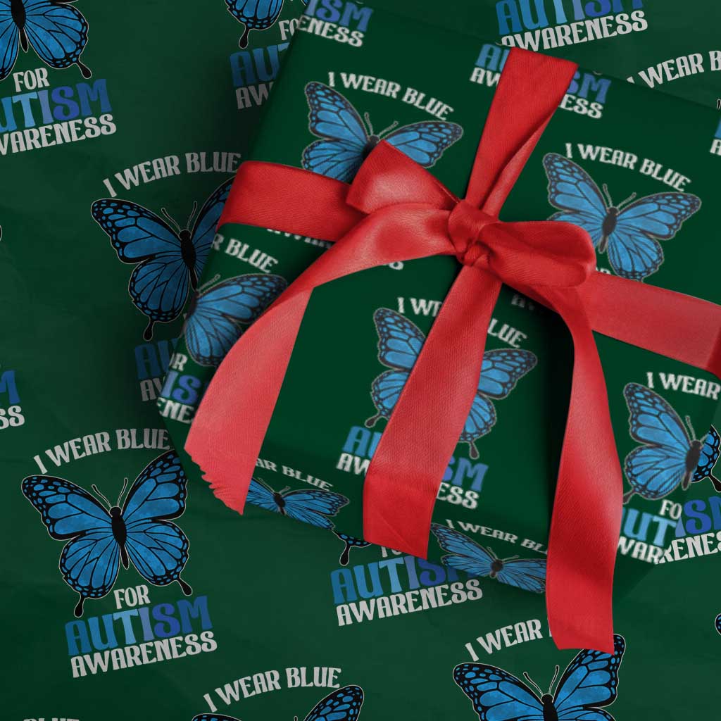 I Wear Blue For Autism Awareness Wrapping Paper Roll Blue Butterfly Puzzle Pieces TS11 Green Print Your Wear