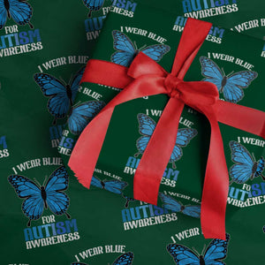 I Wear Blue For Autism Awareness Wrapping Paper Roll Blue Butterfly Puzzle Pieces TS11 Green Print Your Wear