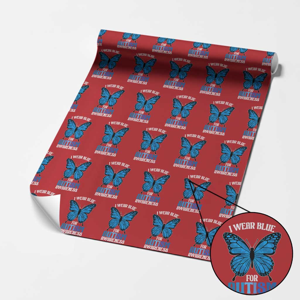 I Wear Blue For Autism Awareness Wrapping Paper Roll Blue Butterfly Puzzle Pieces TS11 Red Print Your Wear