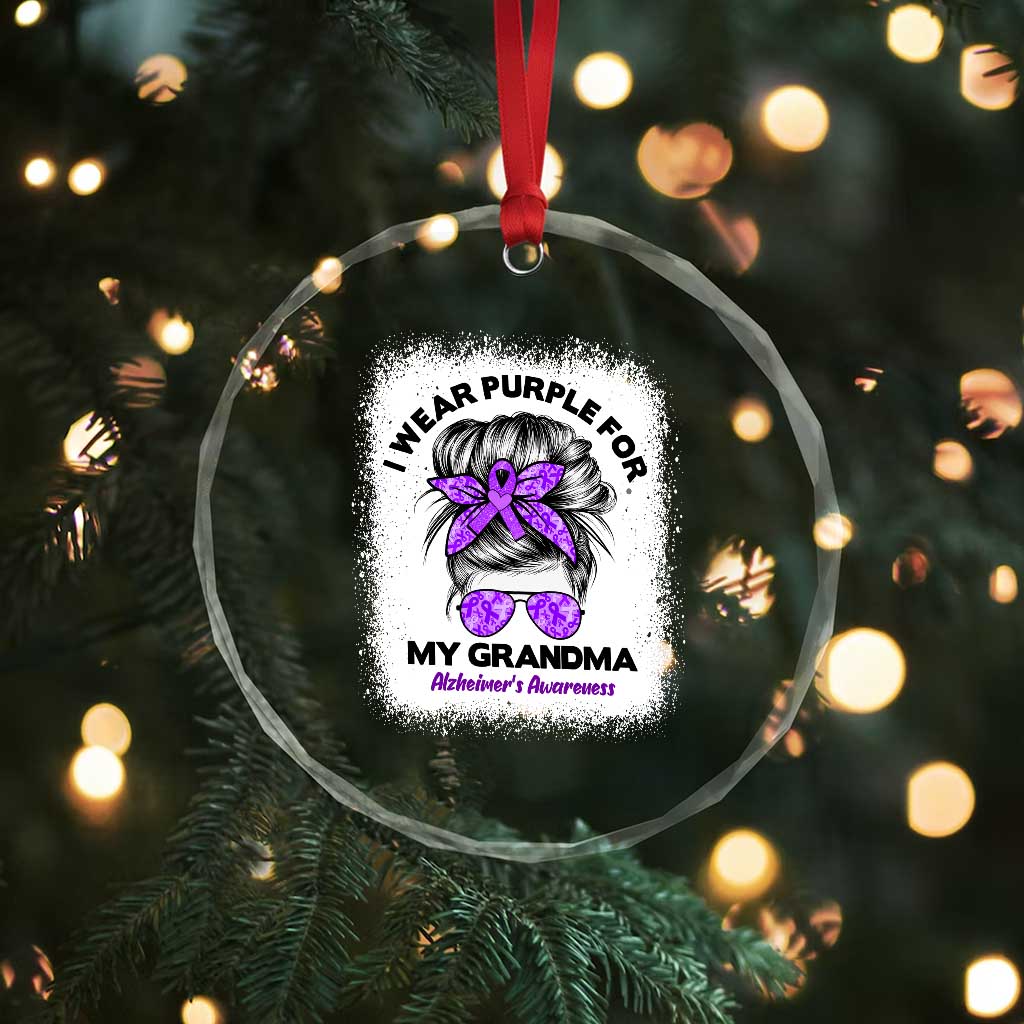 I Wear Purple For My Grandma Crystal Glass Ornament Alzheimers Awareness Messy Bun Graphic