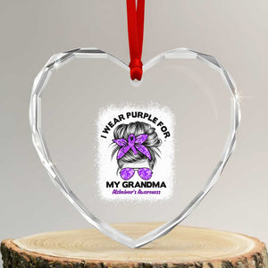 I Wear Purple For My Grandma Heart Crystal Glass Ornament Alzheimers Awareness Messy Bun Graphic