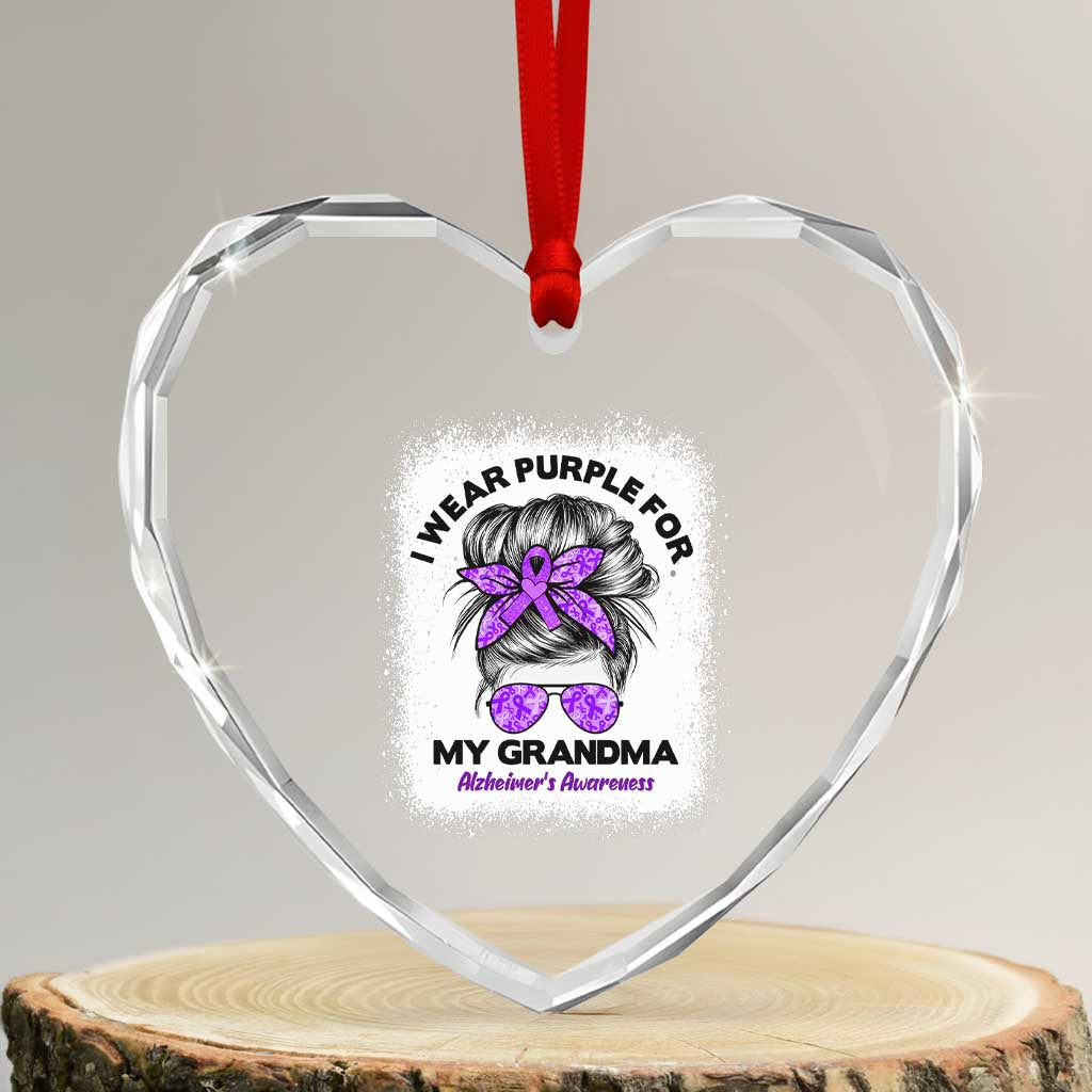 I Wear Purple For My Grandma Heart Crystal Glass Ornament Alzheimers Awareness Messy Bun Graphic TS12 Transparent Glass 3'' Heart Print Your Wear