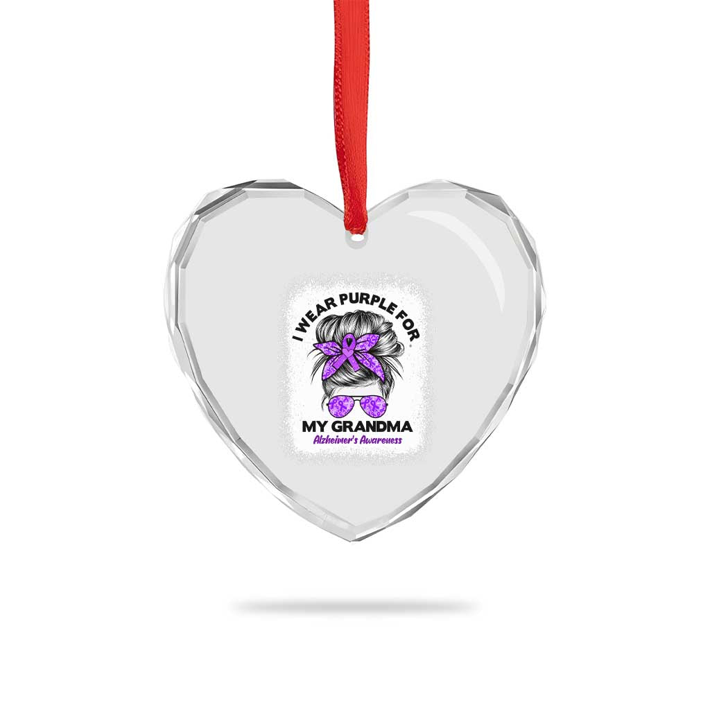 I Wear Purple For My Grandma Heart Crystal Glass Ornament Alzheimers Awareness Messy Bun Graphic