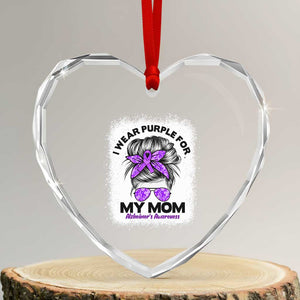 I Wear Purple For My Mom Heart Crystal Glass Ornament Alzheimers Awareness Messy Bun Graphic