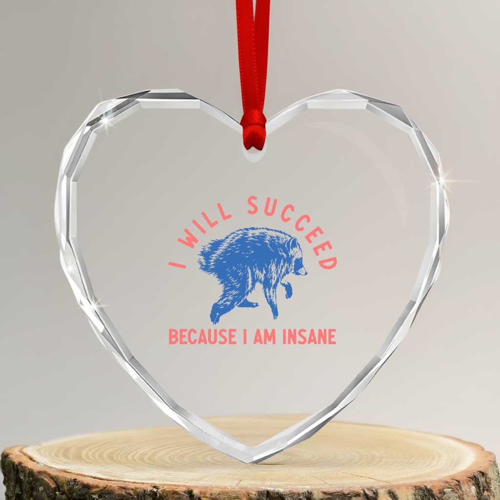 I Will Succeed Because I Am Insane Heart Crystal Glass Ornament Funny Jimothy Raccoon Meme TS14 Transparent Glass 3'' Heart Print Your Wear