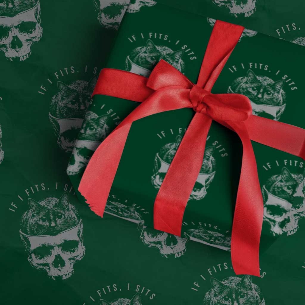 If I Fits I Sits Funny Cat in Skull Wrapping Paper Roll Dark Aesthetic Goth Cat Lover Gift for Macabre and Meme Fans TS02 Green Print Your Wear