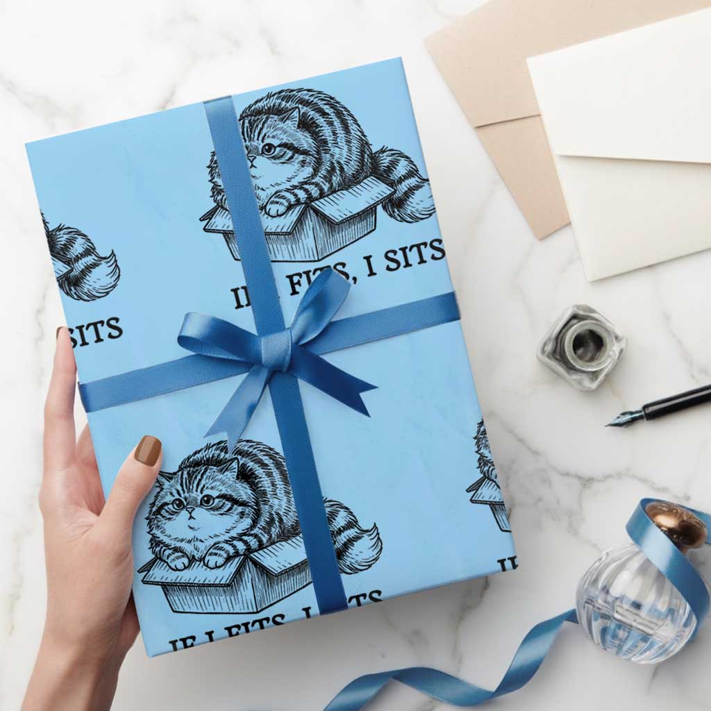 If I Fits I Sits Wrapping Paper Roll Chubby Kitty Funny Cat Lover Gift TS12 Light Blue Print Your Wear