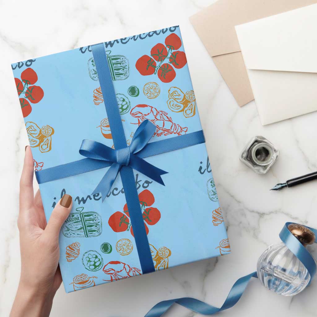 Il Mercato Italian Food Market Aesthetic Wrapping Paper Roll Summer Amalfi Coast La Dolce Vita TS02 Light Blue Print Your Wear