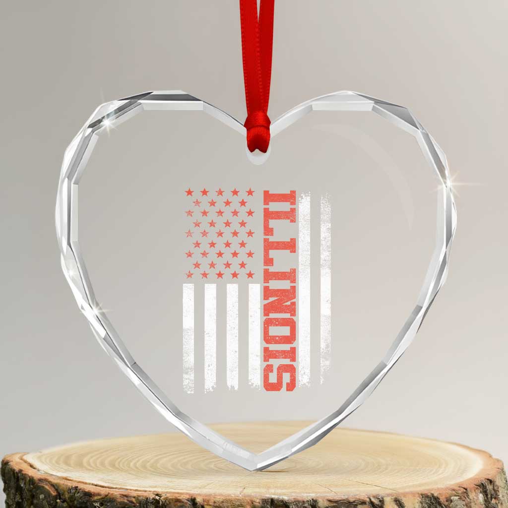 Illinois Pride Heart Crystal Glass Ornament Vintage American Flag Distressed Varsity Aesthetic Letters IL State TS11 Transparent Glass 3'' Heart Print Your Wear